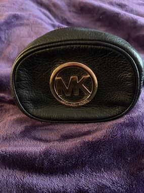 Michael Kors Black Leather MK Logo Coin Pouch with Gold Hardware
